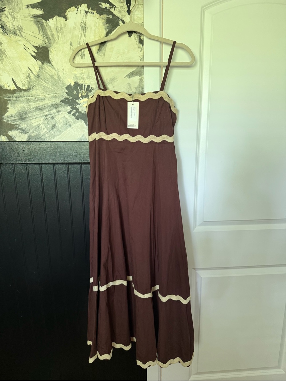 Brown Spaghetti-Strap Maxi Dress with Cream Trim